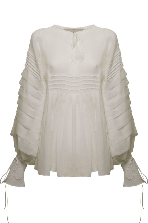 Mario Dice Woman's White Ramia Blouse With Wide Layered Sleeves
