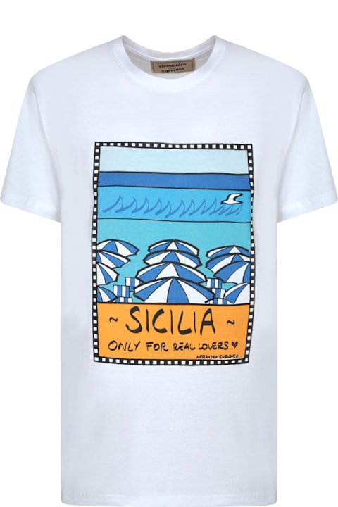 Alessandro Enriquez ملابس علوية لـ السيدات Alessandro Enriquez Sicilia Print White T-shirt