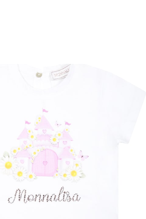 ベビーガールズ MonnalisaのTシャツ＆ポロシャツ Monnalisa White T-shirt For Girl With Castle Print And Logo