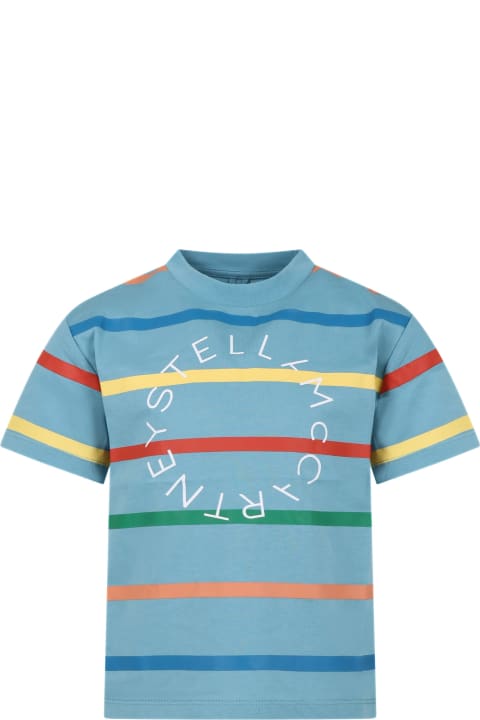 Stella McCartney Kids Stella McCartney Kids Light Blue T-shirt For Kids With Logo And Multicolor Stripes