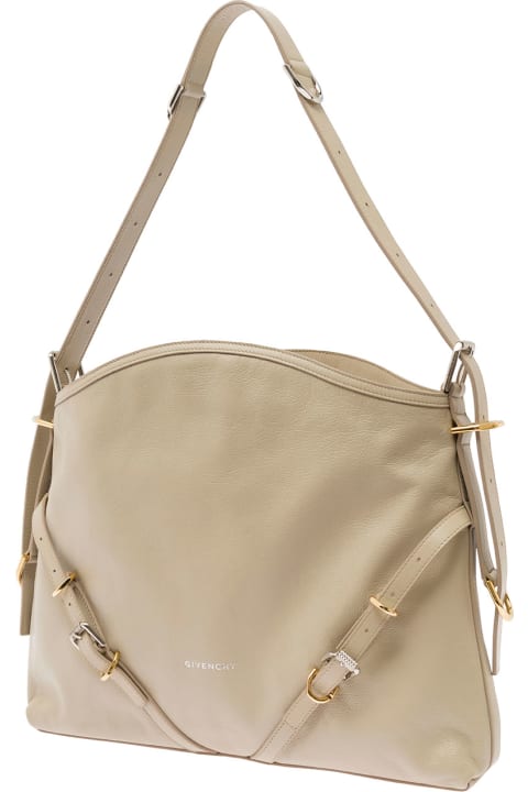 Givenchy 
voyou
 Beige Shoulder Bag With Embossed Logo In Smooth Leather Woman