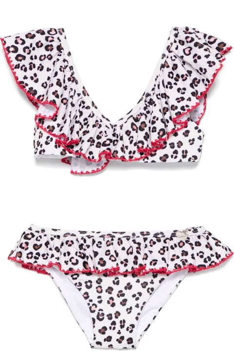 Monnalisa Swimwear for Girls Monnalisa 'st. Tropez' Multicolor Bikini With Ruches And All-over Leopard Print In Tech Fabric Stretch Girl
