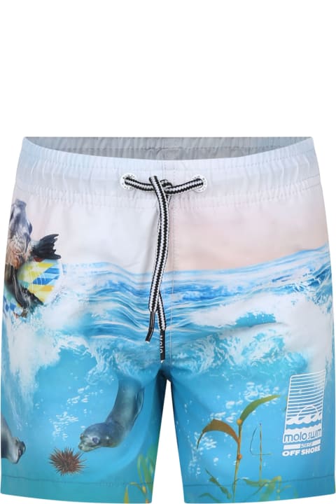 Molo Swimwear for Boys Molo Light Blue Swim Shorts For Boy With Seal Print