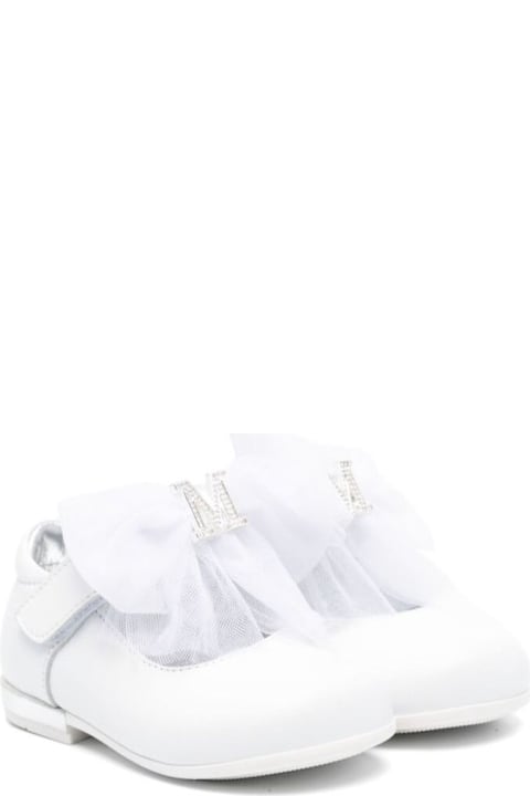 Monnalisa Shoes for Girls Monnalisa White Ballet Shoes With Bow And Rhinestoned Logo Plaque In Leather Girl