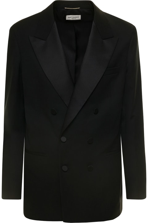 Black Double-breasted Blazer With Satin Peak Lapels  In Wool Man