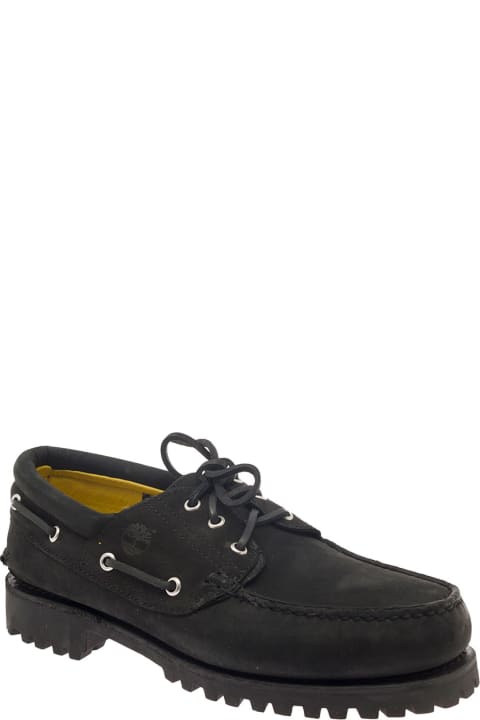 Lace-up Suede Effect Loafers In Black Leather Man