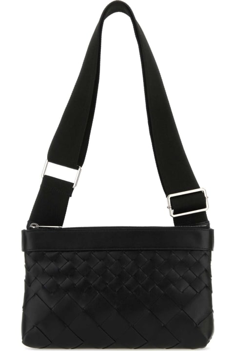 メンズ Bottega Venetaのショルダーバッグ Bottega Veneta Black Leather Duo Intrecciato Crossbody Bag