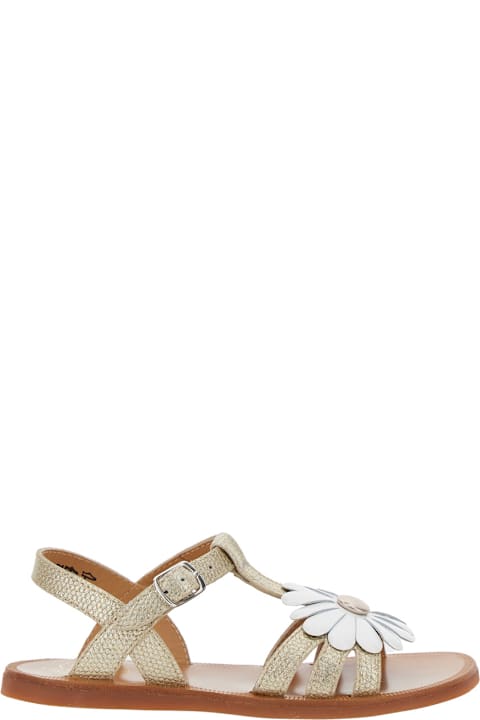 Pom d'Api for Women Pom d'Api 'plagette' Metallic Open Toe Sandals With Daisy Flower Application On Front In Leather Girl