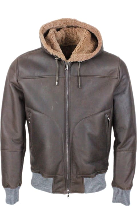 Barba Napoli Men Barba Napoli Shearling Bomber Jacket With Hood With Drawstring And Trims In Stretch Knit And Zip Closure