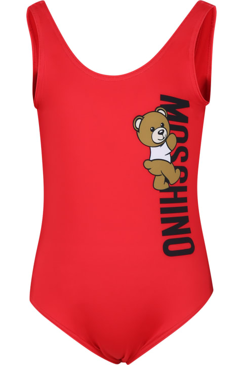 Fashion for Kids Moschino Red Swimsuit For Girl With Teddy Bear And Logo