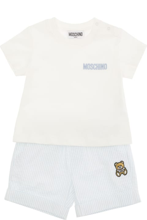 Bodysuits & Sets for Baby Girls Moschino Light Blue And White T-shirt And Shorts Set In Stretch Cotton Baby