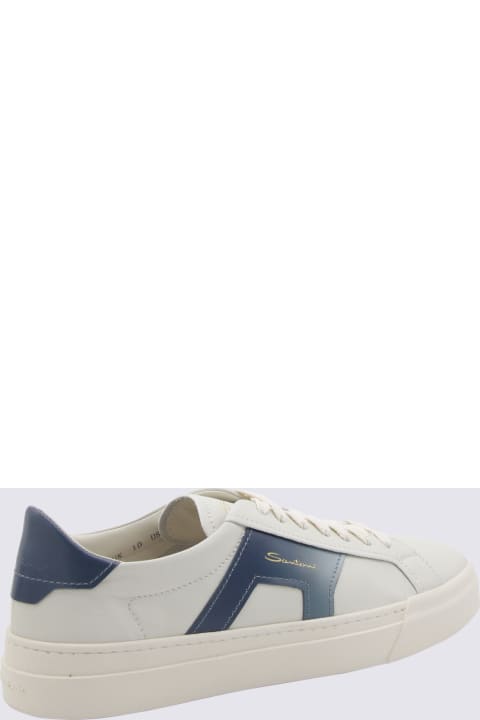 Fashion for Men Santoni White And Blue Leather Buckle Sneakers