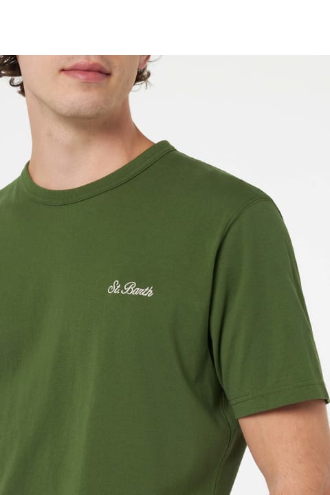 Homeware MC2 Saint Barth Man Military Green Cotton Jersey T-shirt Dover With St. Barth Embroidery