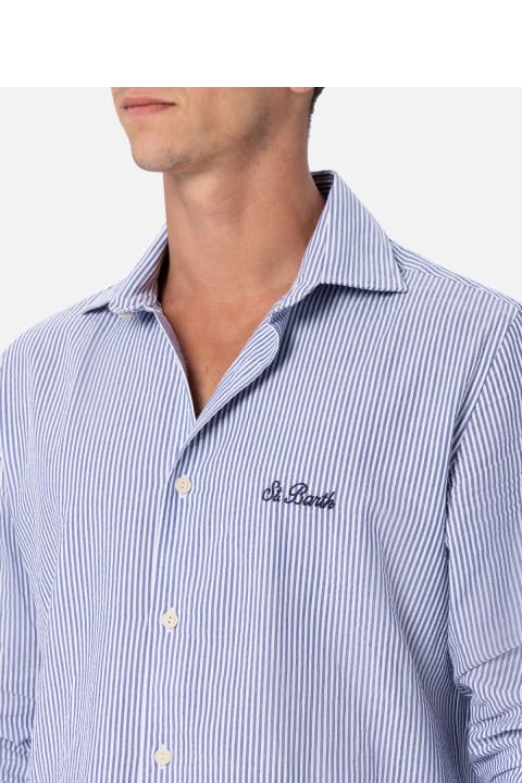 MC2 Saint Barth Shirts for Men MC2 Saint Barth Man Seersucker Cotton Shirt Pamplona With Bluette Stripes