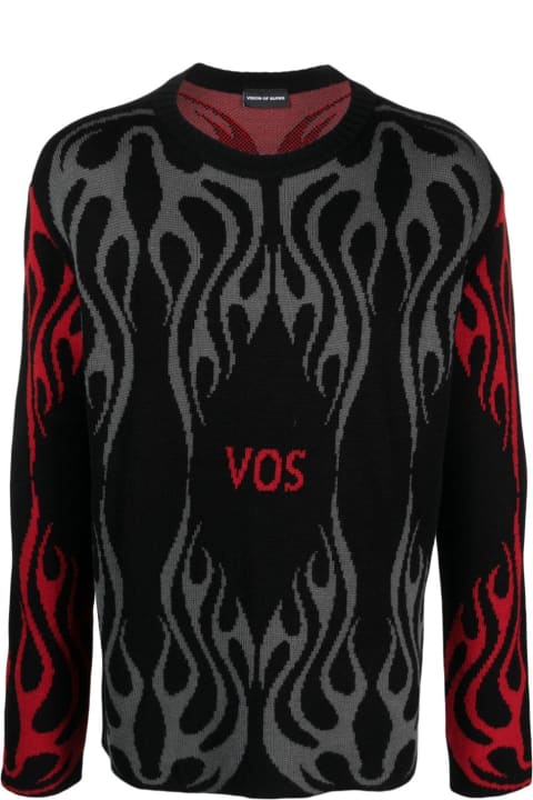 Vision of Super Sweaters for Men Vision of Super Black Jumper With Red And Grey Jacquard Logo And Flames