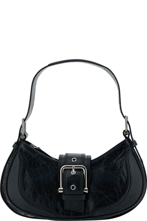 'small Brocle' Black Shoulder Bag In Hammered Leather Woman