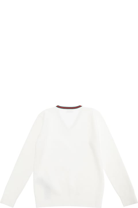 Gucci White T-shirt Wti Web V Neck And Embroidery In Cotton Boy