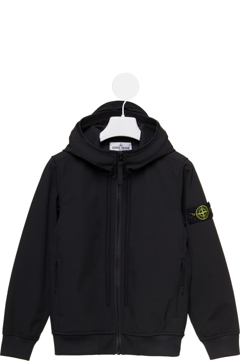 Coats & Jackets for Boys Stone Island Junior Black Hooded Jacket With Logo Patch In Nylon Boy Stone Island Kids