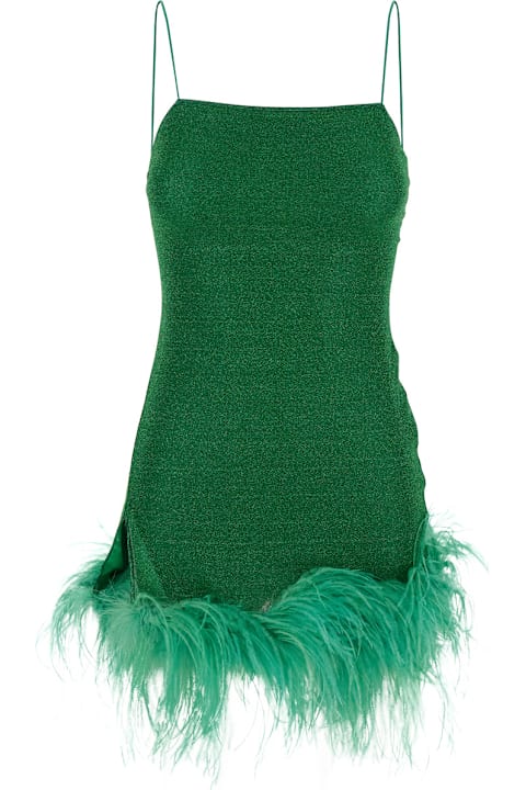 Oseree Clothing for Women Oseree 'lumiere Plumage' Green Sleeveless Slip Dress With Tonal Feathered Hem In Tech Fabric Stretch Woman