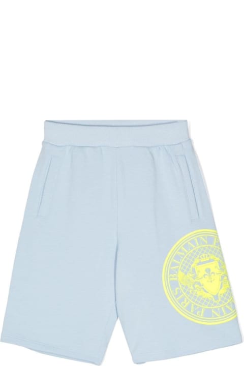 Fashion for Men Balmain Light Blue Sports Bermuda Shorts With Rubberized Logo