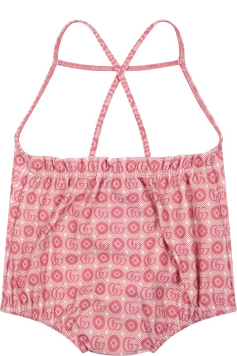 Pink Swimsuit For Baby Girl With A Double G Geometric Motif