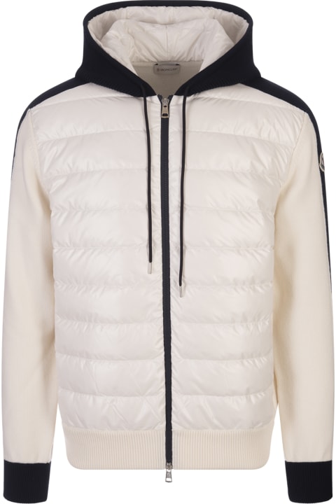 Moncler Coats & Jackets for Men Moncler Padded Tricot Cardigan With Hood In White And Navy Blue