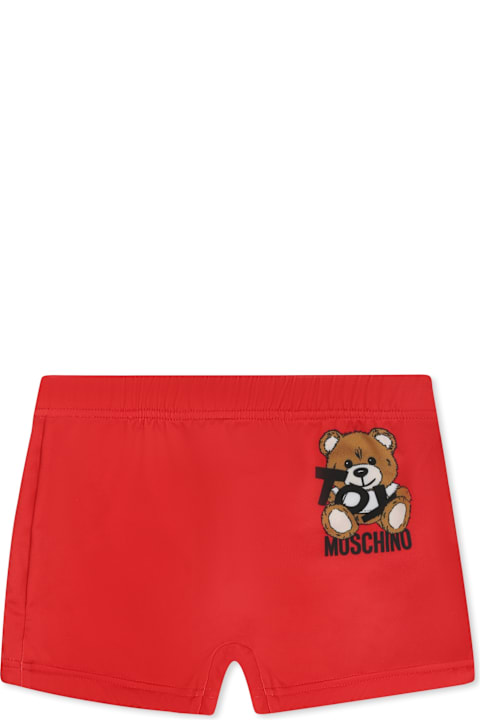 Swimwear for Baby Girls Moschino Red Swimsuit For Babt Boy With Teddy Bear And Black Logo