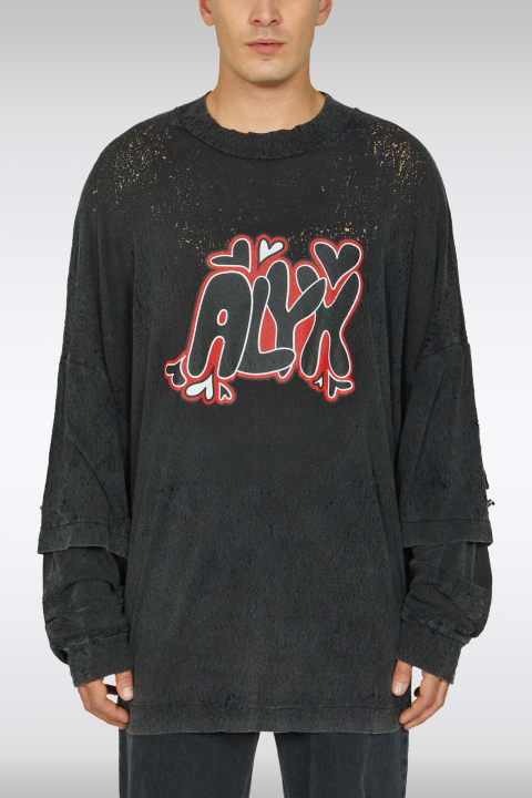 ウィメンズ 1017 ALYX 9SMのトップス 1017 ALYX 9SM Double Sleeve Needle Punch Grafic T-shirt Black Distressed Jersey Double Sleeves T-shirt With Logo - Double Sleeve Needle Punch Graphic T-shirt
