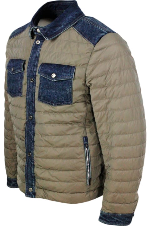 Moorer Clothing for Men Moorer 100 Gram Light Down Jacket With Denim Inserts And Details. Internal And External Side Pockets And Button Closure