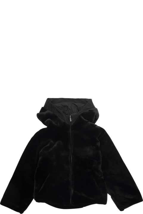 Emporio Armani ملابس علوية لـ بنات Emporio Armani Black Hooded Jacket With Logo Lettering Detail In Fur Girl