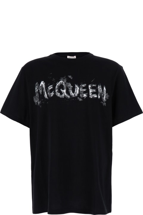Topwear for Men Alexander McQueen Black T-shirt With Graffiti Logo Print In Cotton Man