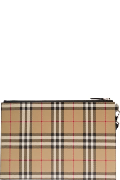Beige Pouch With Vintage Check Motif And Detachable Wrist Strap In Cotton Blend Man