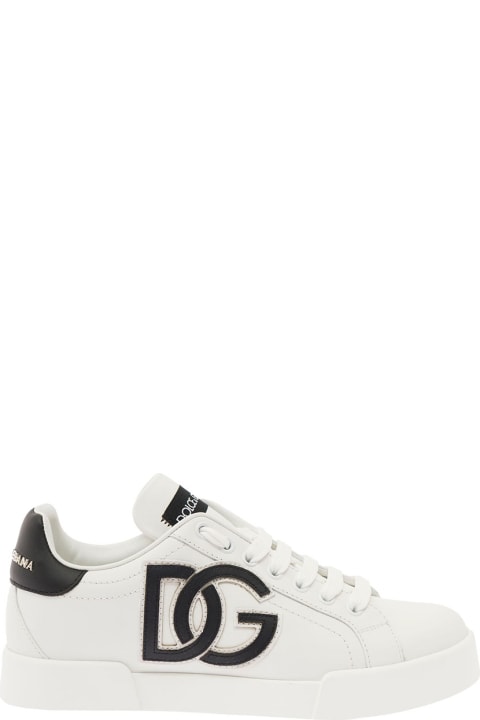 White Portofino Sneakers In Leather With Dg Logo Patch Dolce & Gabbana Woman