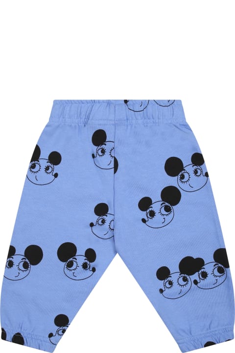 Mini Rodini Bottoms for Baby Boys Mini Rodini Light Blue Trousers For Baby Boy With Mice