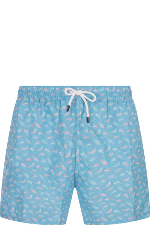 Swimwear for Men Fedeli Light Blue Swim Shorts With Multicolour Dolphin Pattern