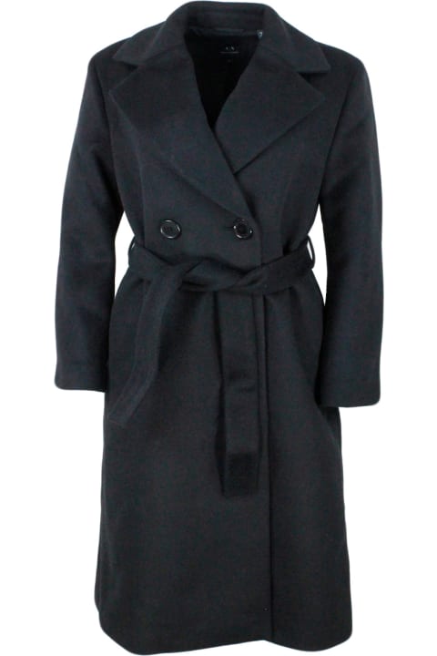 Long Coat In Double-breasted Wool Blend With Belt At The Waist.