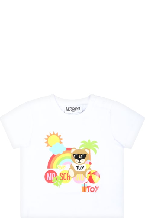 Topwear for Baby Girls Moschino White T-shirt For Babykids With Teddy Bear And Logo