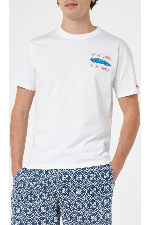 Homeware MC2 Saint Barth Man Cotton T-shirt With Me Ne Vado In Un Lambo Embroidery And Car Placed Print