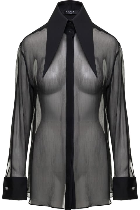 Black Shirt With Oversized Pointed Collar In Silk Woman
