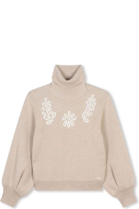 Fashion for Kids Chloé Beige High Neck Sweater With Embroideries In Cotton And Wool Girl