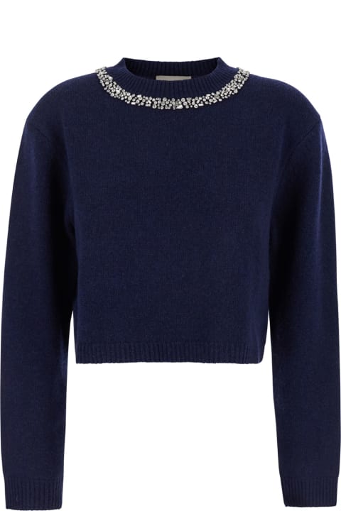 SEMICOUTURE for Women SEMICOUTURE Blue Crewneck Sweater With Crystal Embellishments On The Neck In Wool And Cashmere Blend Woman