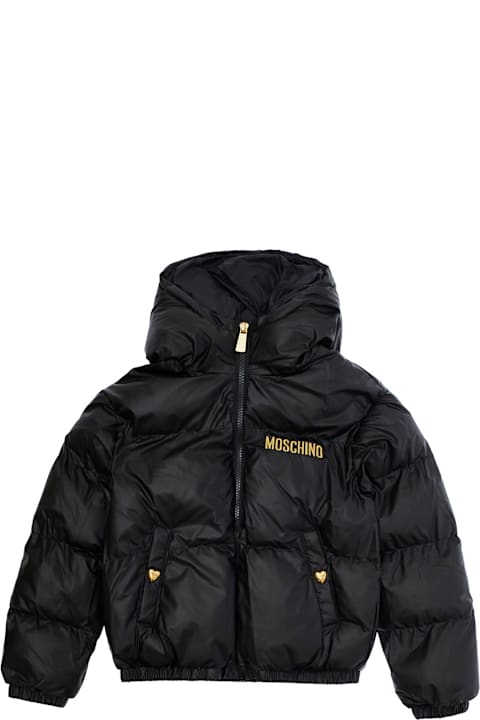 Moschino for Kids Moschino Black Hooded Down Jacket With Logo Embroidery In Quilted Fabric Girl