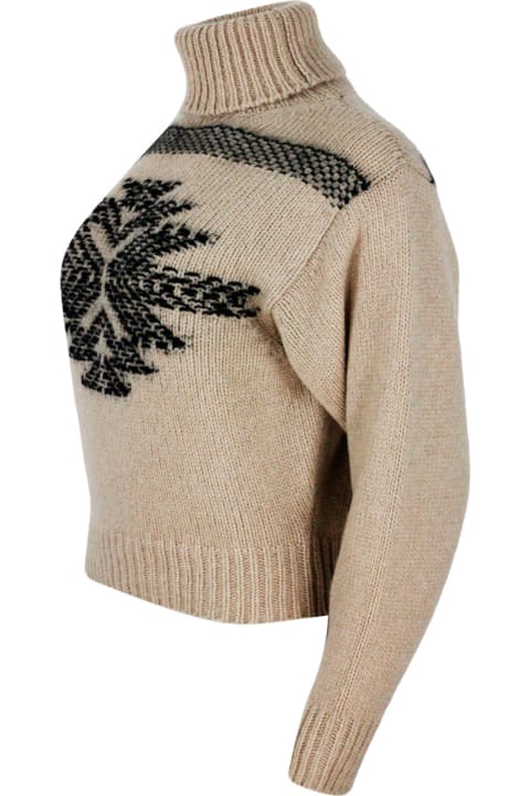 Turtleneck Sweater In Fine Camel Yarn With Snow Play Embroidery Embellished With Micro Sequins