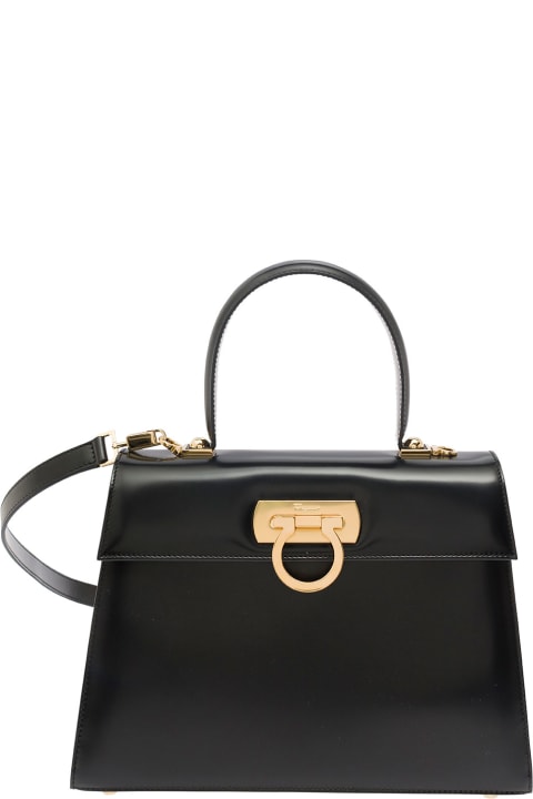 Ferragamo Totes for Women Ferragamo 'iconic Top Handle L' Black Handbag With Gancini Buckle In Smooth Leather Woman