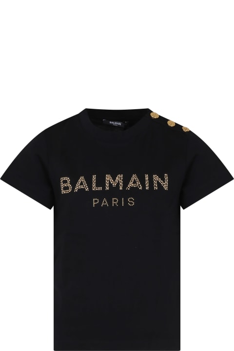 Balmain for Girls Balmain Black T-shirt For Girl With Logo And Studs