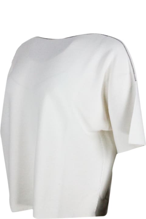 Fabiana Filippi for Women Fabiana Filippi Short-sleeved Cotton Shirt With Horizontal Workmanship With Boat Neckline Embellished With Rows Of Jewels On The Neck