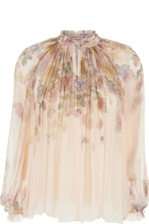 Homeware TwinSet Beige Blouse With All-over Floral Print And Raised Collar In Fabric Woman
