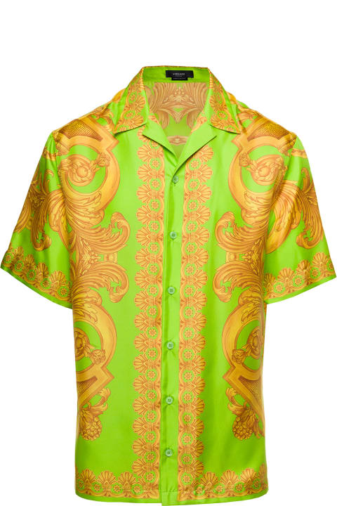 Green And Gold Hawaiian Shirt With All-over Barocco Print In Silk Man