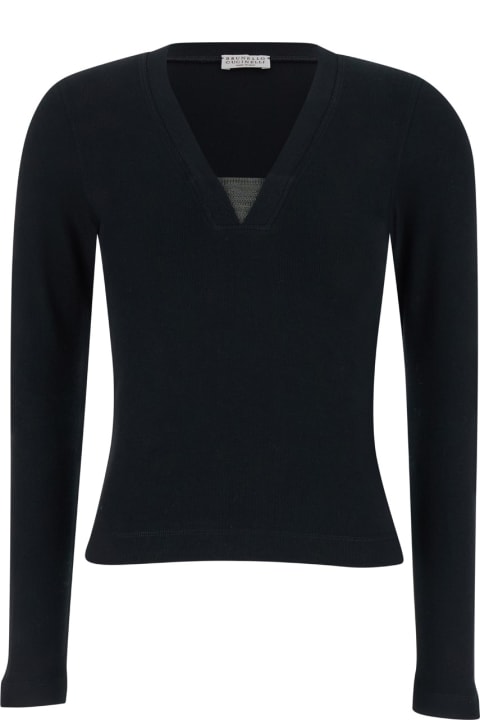 Brunello Cucinelli Topwear for Women Brunello Cucinelli Black T-shirt With Monil Detail On The Front In Jersey Woman