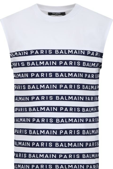 Balmain for Kids Balmain White Sleveless T-shirt For Kids With Blue Stripes And Logo
